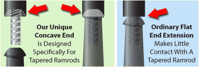 tapered end extension is concave to fit tighter on a tapered end ramrod